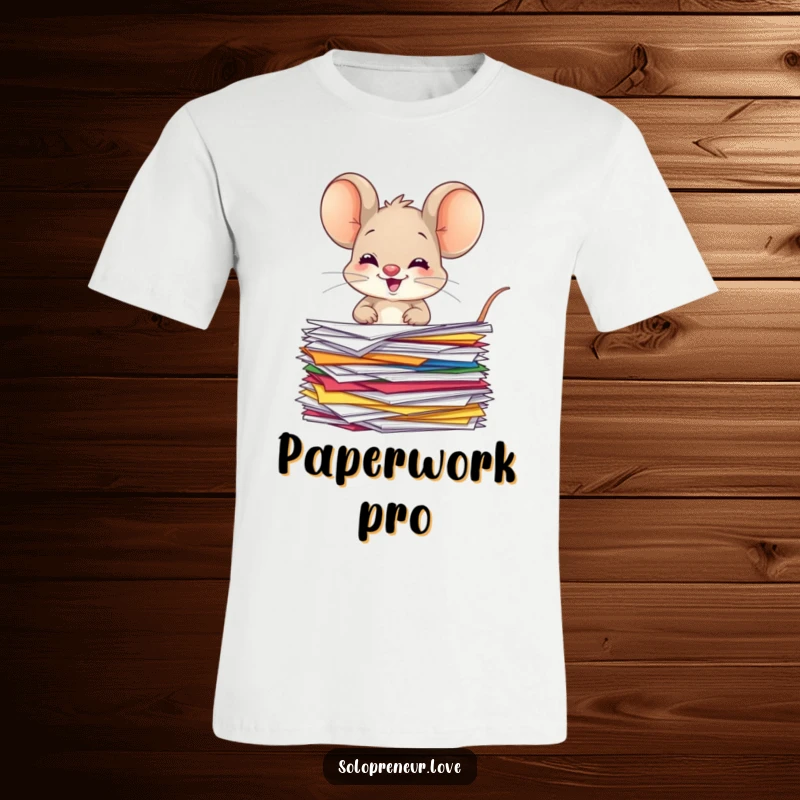 Funny giggling mouse t-shirt showing a character happily organizing colorful papers, symbolizing cheerful productivity.