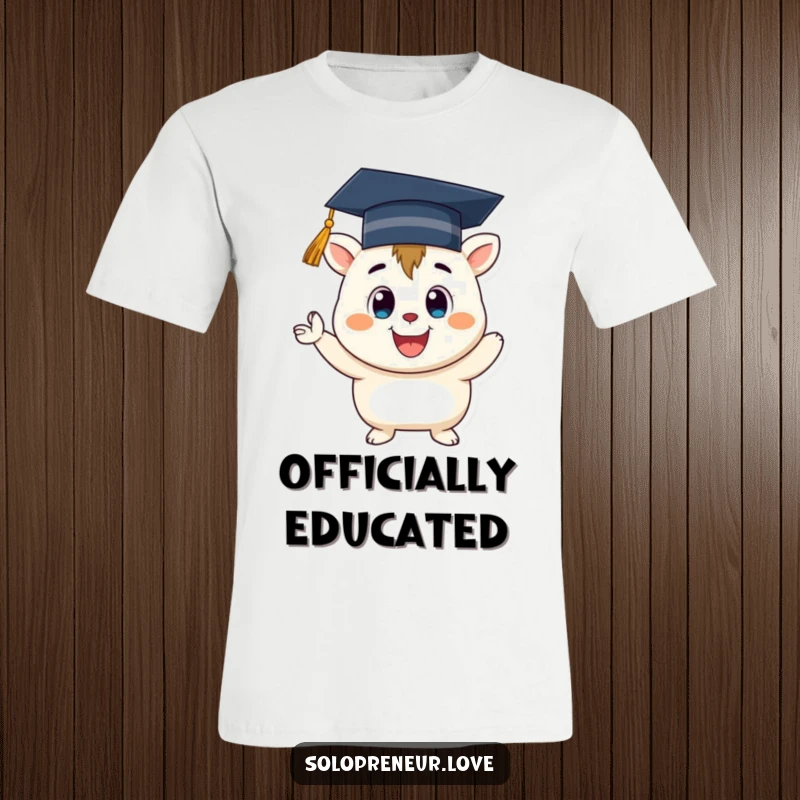 Funny Graduation Creature T-Shirt: A cheerful creature in a graduation cap, enthusiastically cheering and celebrating.