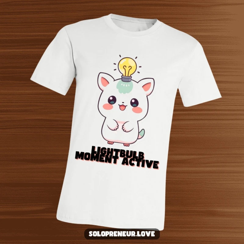 Funny t-shirt featuring a playful creature with a bright, illuminating lightbulb hovering above its head, signifying a moment of inspiration.