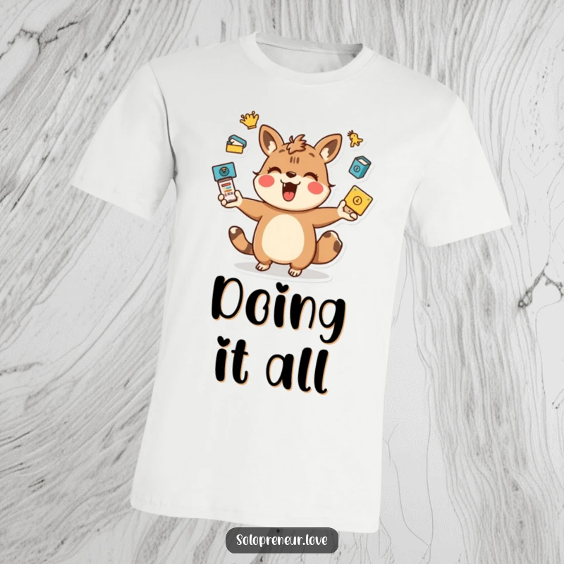 Funny juggling animal t-shirt with a playful character energetically juggling various task icons, showcasing the humor of busyness.
