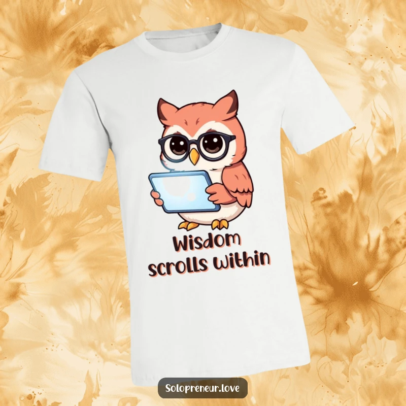 Funny owl with glasses reading a glowing tablet on a soft t-shirt, ideal for intellectuals and humor fans.
