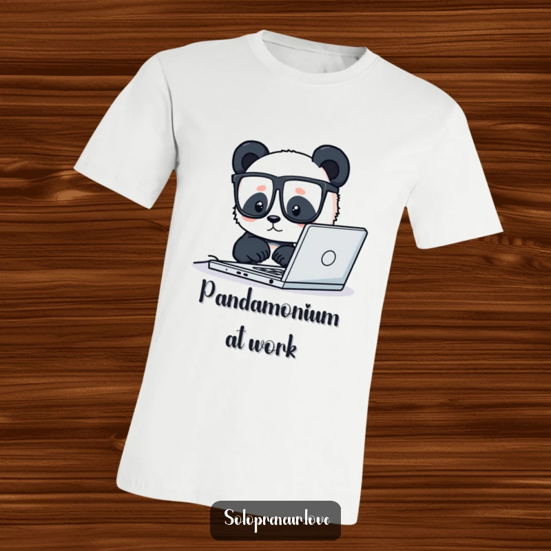 Funny t-shirt depicting a tiny panda with glasses diligently typing on a laptop, embodying focused work and tech humor.