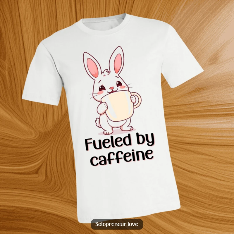 Funny rabbit coffee t-shirt featuring a determined rabbit cheerfully holding a large coffee cup, ideal for coffee enthusiasts.
