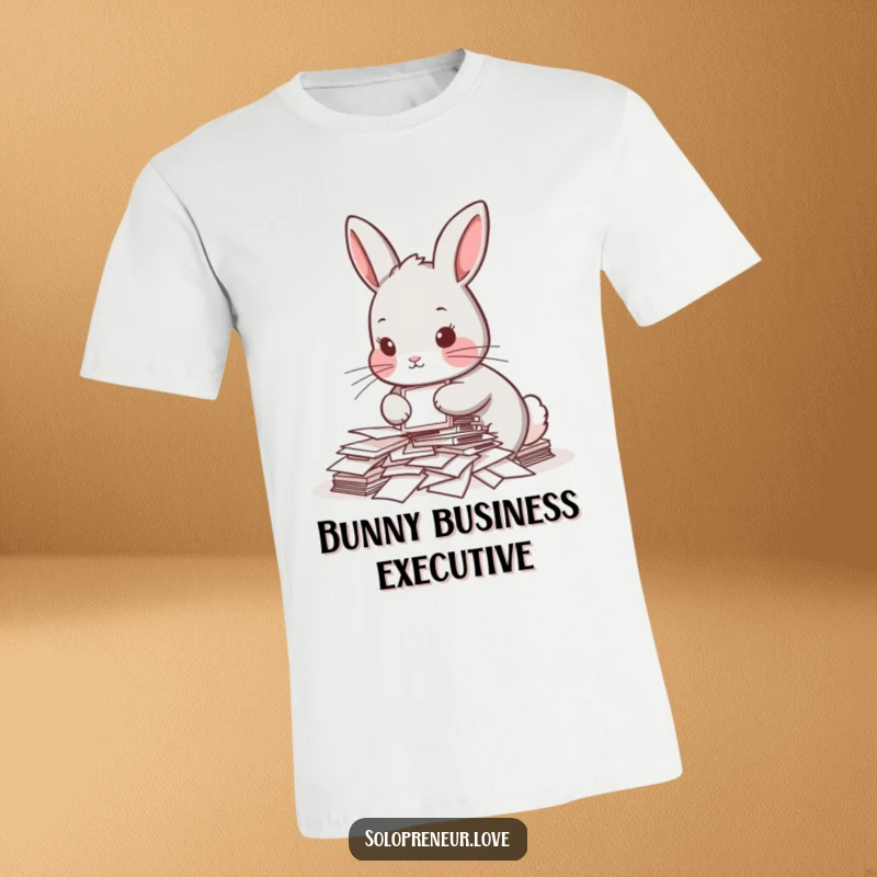 Funny t-shirt with a determined rabbit heroically organizing a small stack of papers, embodying office struggles and professional ambition humorously.