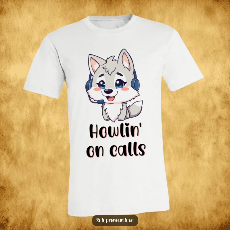 Funny wolf communications t-shirt, a wolf in a headset talking animatedly, conveying energy and fun, a great funny gift.