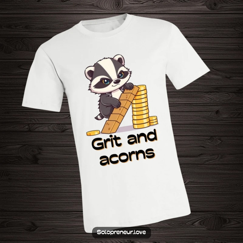 Funny T-Shirt: A determined badger frowning as it climbs a ladder constructed from coins, symbolizing success.
