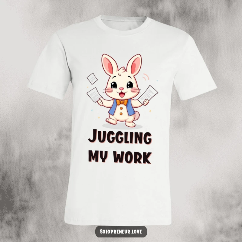 Funny T-Shirt depicting a cheerful rabbit character energetically juggling numerous business invoices, symbolizing busy work life humorously.