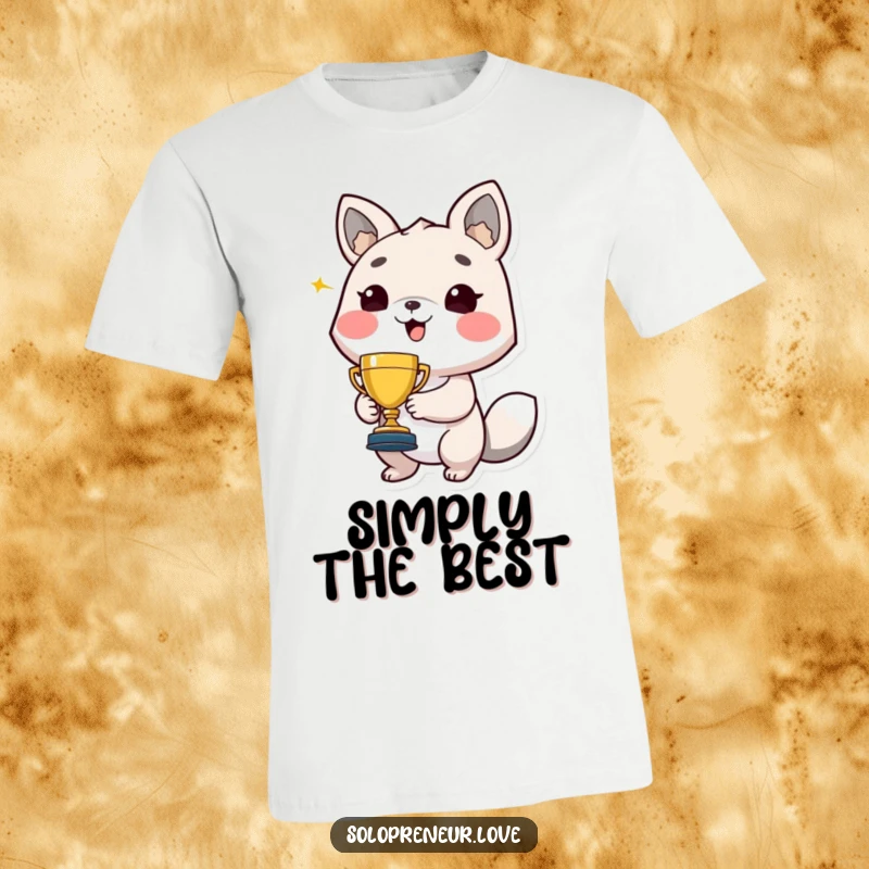 Funny t-shirt with a proud animal character holding a tiny trophy, beaming with joy, celebrating a hilarious victory.