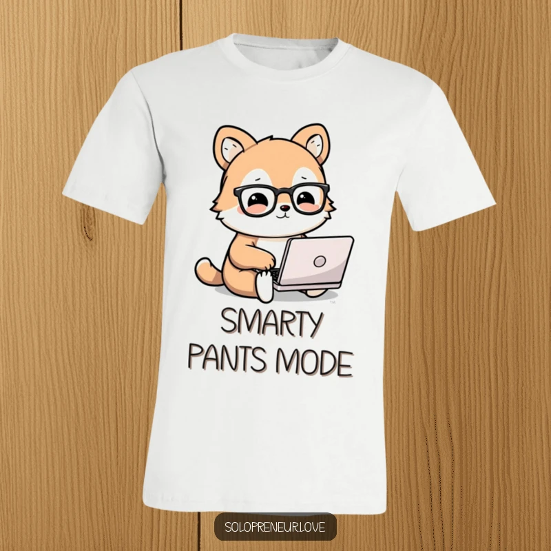 Funny animal t-shirt featuring a cute, bespectacled animal character working diligently on a small laptop, showcasing intellectual humor.