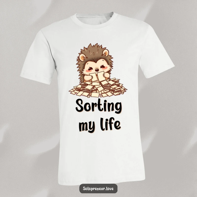 Funny hedgehog character sorting tiny papers on a t-shirt, representing industriousness and organized chaos with humorous charm.
