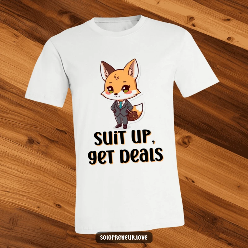 Funny t-shirt with a small fox character wearing a tiny suit and holding a briefcase, exuding business charm.