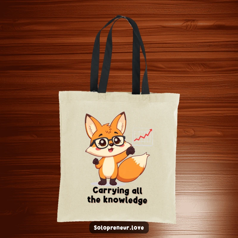Funny Fox in Glasses Tote Bag: A stylish tote with a smart fox indicating a business chart, great for professionals.