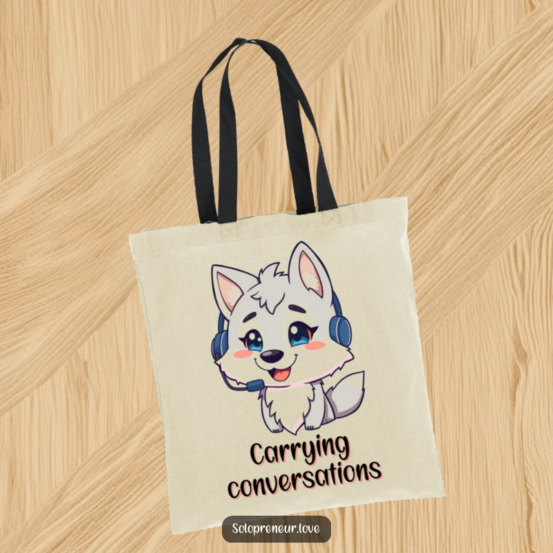Funny wolf chat tote bag, a wolf with a headset ready to talk, a fun and practical funny gift.