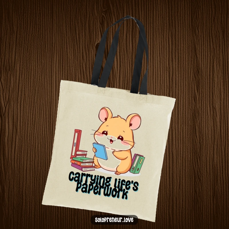 Funny tote bag featuring a smiling hamster character meticulously organizing files, perfect for shoppers and office workers.