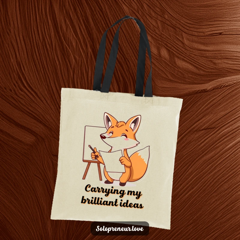 Funny fox tote bag depicting a focused character pointing at a whiteboard with a plan, a humorous and practical accessory.