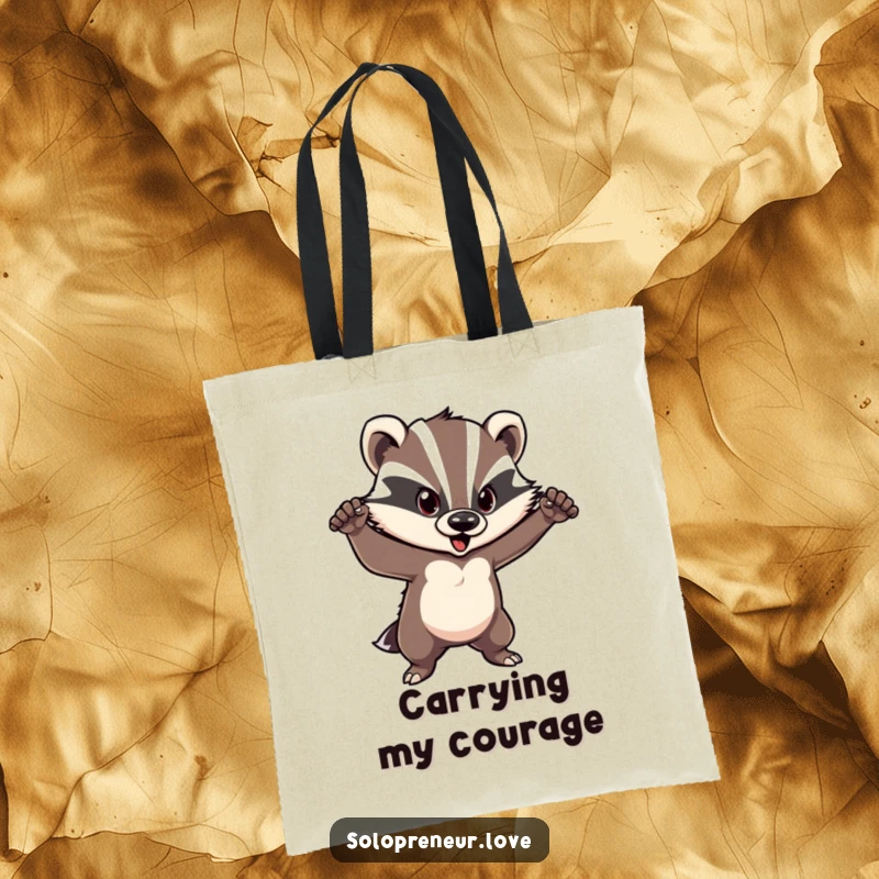 Funny badger tote bag featuring a courageous character striking a confident pose, symbolizing strength and bold style.