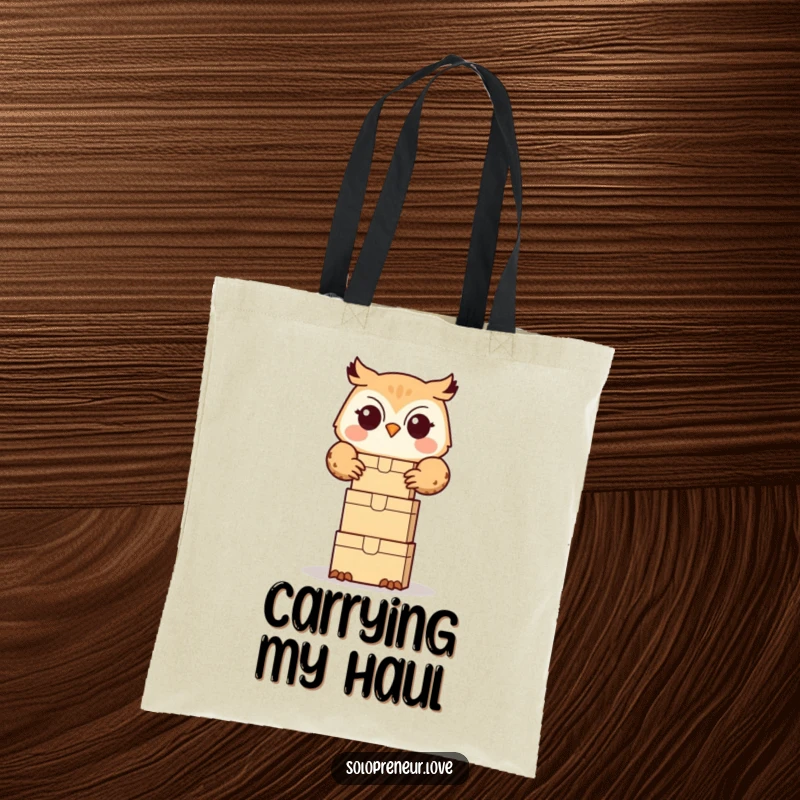Funny owl organizer tote bag showcasing a cute owl happily stacking small boxes, perfect for carrying items neatly.