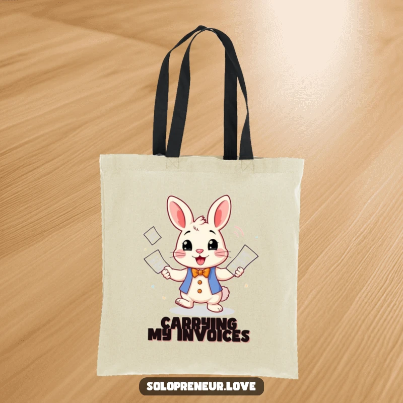 Funny Tote Bag featuring a cheerful rabbit character juggling business invoices, ideal for errands with a humorous and practical touch.