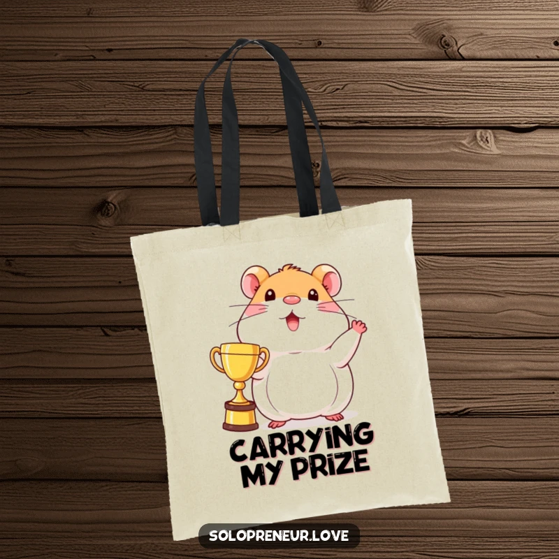 Funny beaming hamster tote bag featuring a character proudly displaying a trophy, ideal for carrying essentials with winning style.