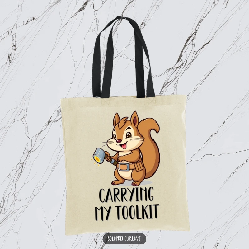 Funny Squirrel Carpenter Tote Bag: A durable tote with a squirrel in a tool belt, confidently hammering a bolt, great for DIYers.