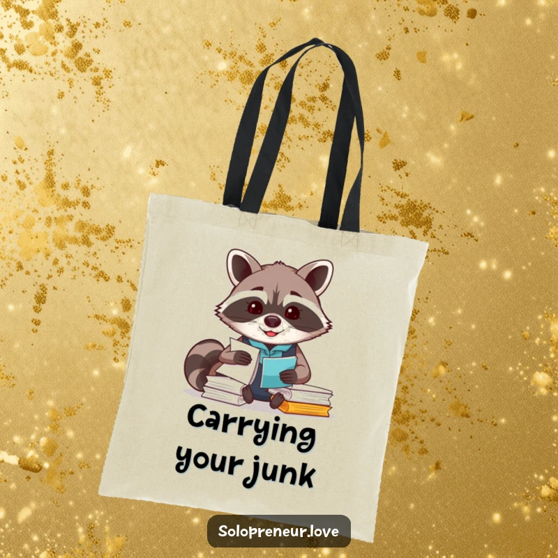 Funny Raccoon Organizer Tote Bag showing a smiling raccoon managing papers, perfect for daily tasks.