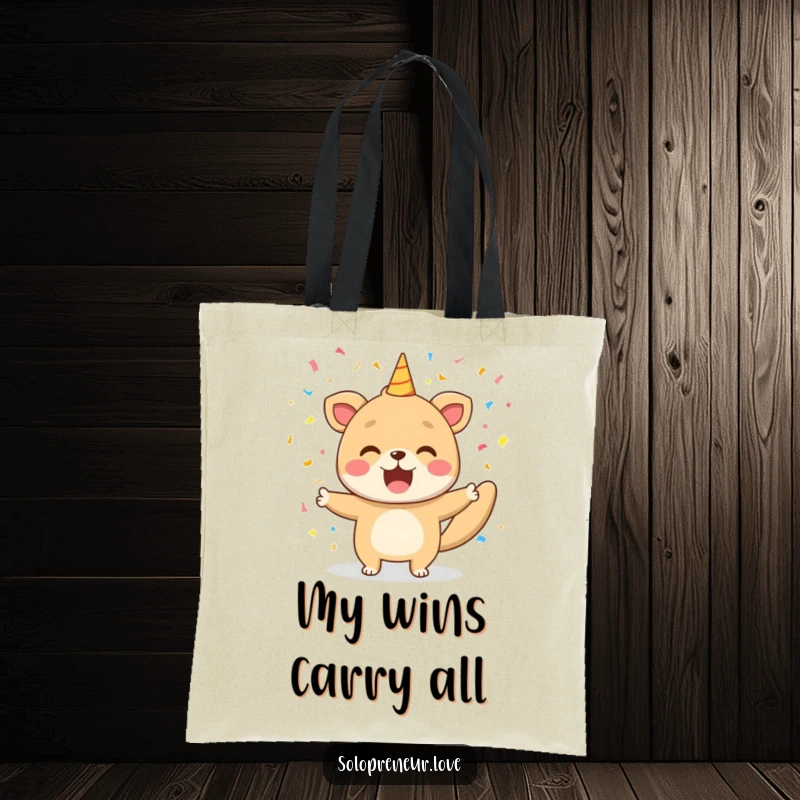 Funny tote bag depicting a happy animal bursting with confetti, symbolizing joyous celebrations and the carrying of good news.
