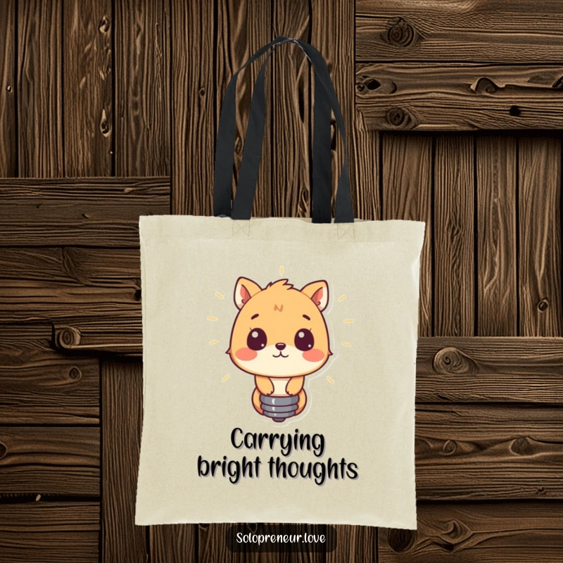 Funny tote bag with a curious animal observing a glowing lightbulb, signifying curiosity and the carrying of great ideas.