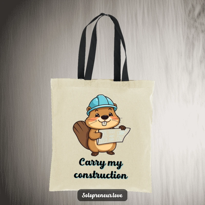 Funny tote bag with a cheerful beaver character wearing a hard hat and holding a blueprint, ready for work.