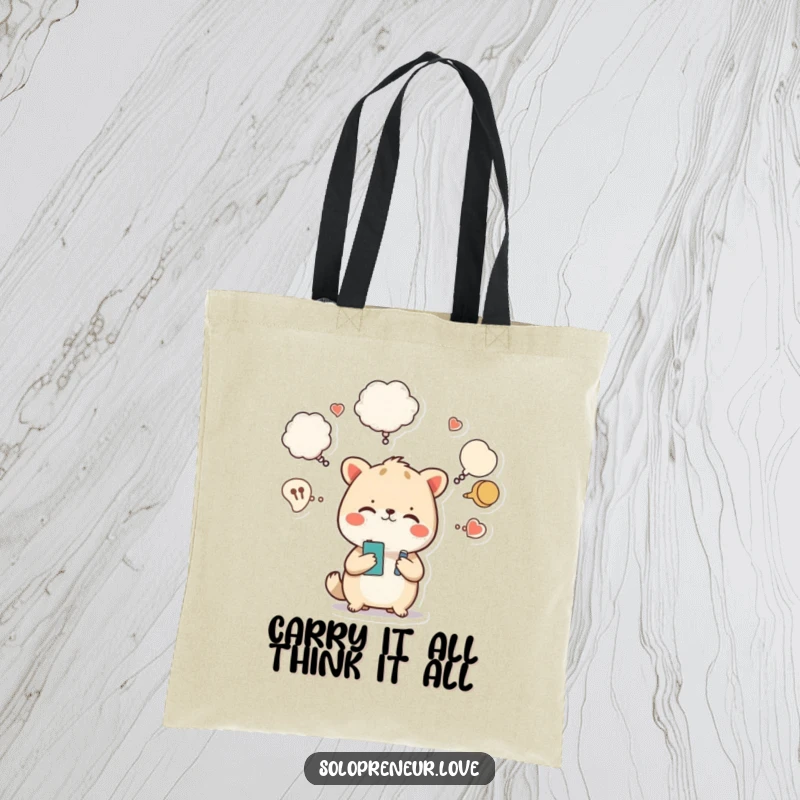 Funny tote bag featuring a comical busy animal character with multiple thought bubbles, ideal for daily use and humor.