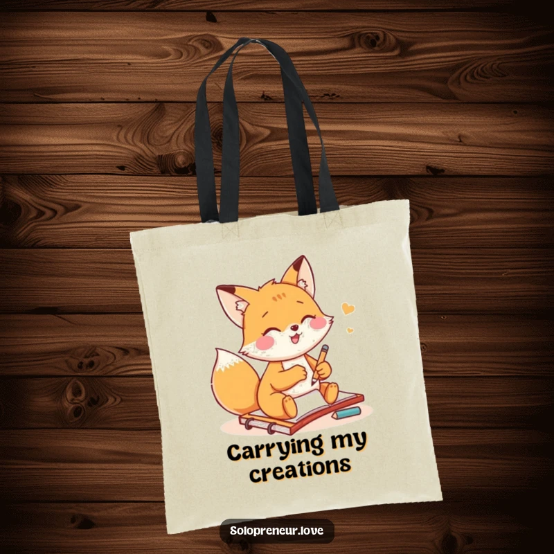 Funny fox artist tote bag showcasing a small fox gleefully sketching on a notepad, perfect for carrying art essentials.