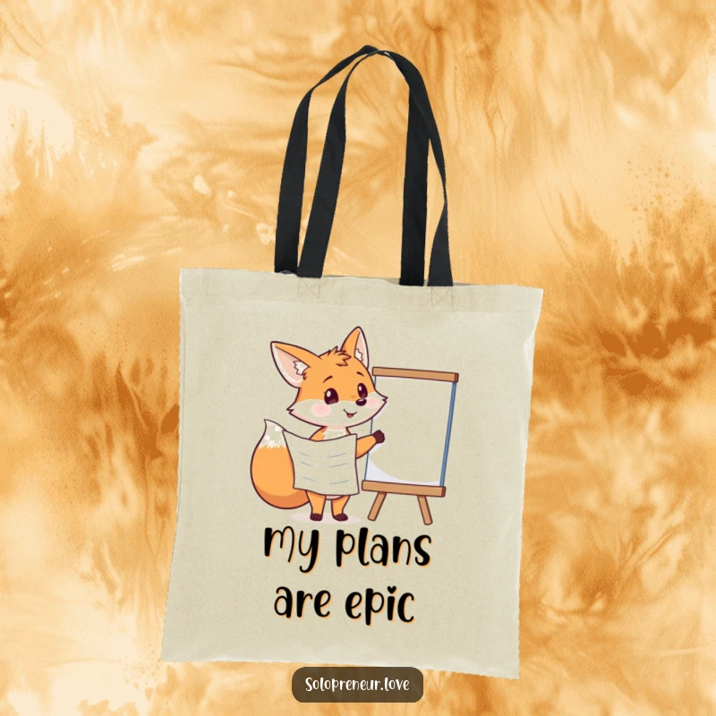 Funny fox with a plan pointing at a whiteboard, illustrated on a durable and humorous tote bag.