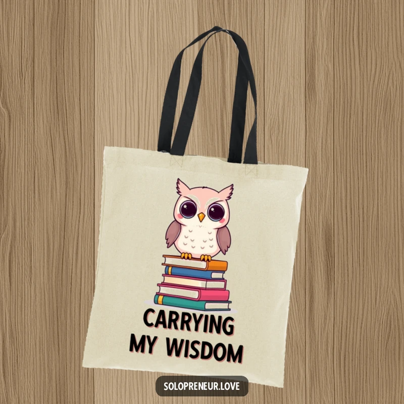 Funny Owl Business Books Tote Bag showing a clever owl balancing on business books, for stylish carrying.