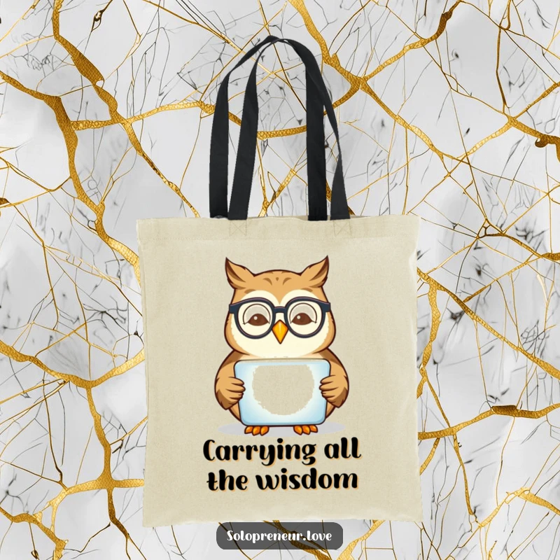 Funny owl with glasses reading a tablet, illustrated on a durable and humorous tote bag.