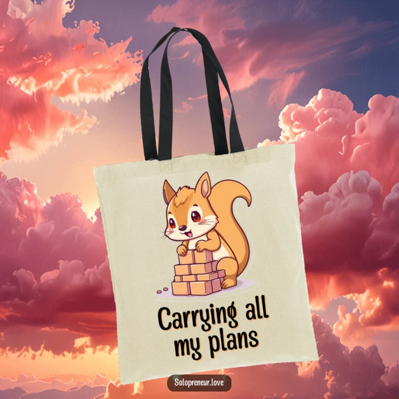 Funny determined squirrel character carrying building blocks and tools, on a durable tote bag.