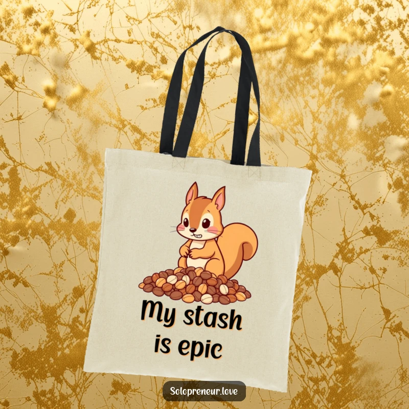 Funny tote bag showing a determined squirrel character meticulously organizing nuts into neat piles, perfect for stylish, organized shoppers.
