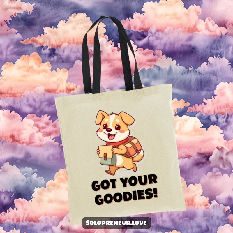 Funny dog tote bag showcasing a busy character with a messenger bag, happily delivering a package with infectious glee.