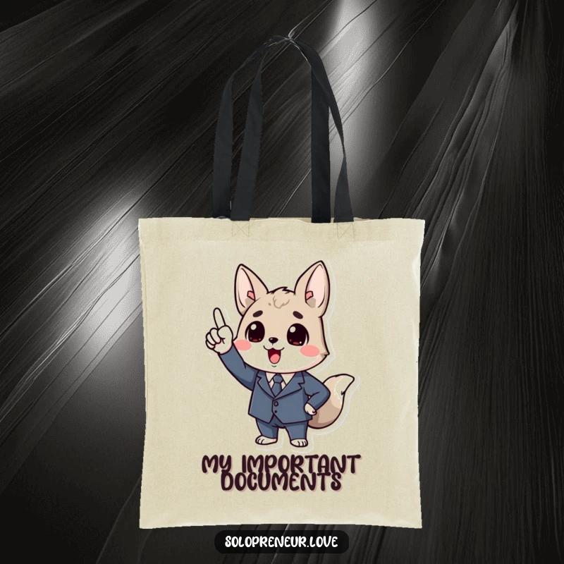 Funny Business Animal Tote Bag: Durable tote with a character in a tiny suit, enthusiastically pointing upwards, ready for business.