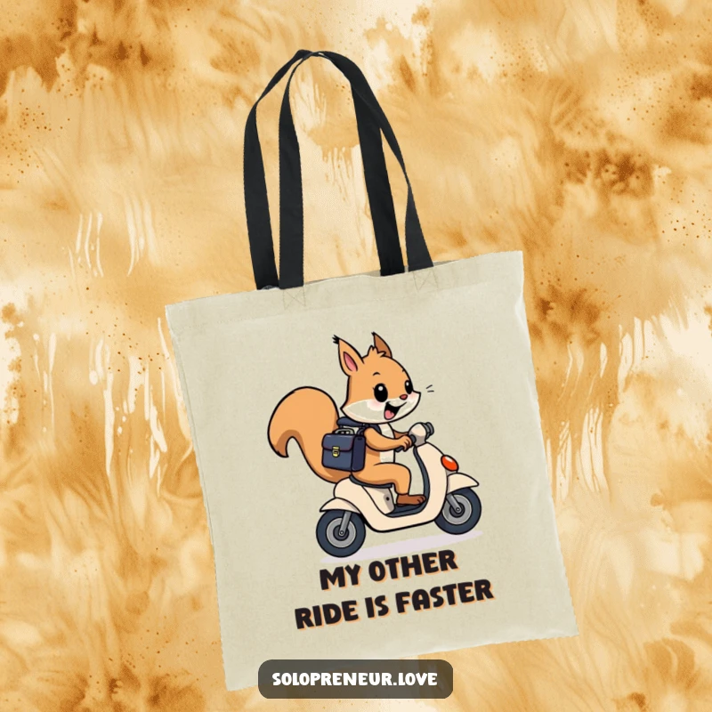 Funny squirrel with briefcase on a scooter, illustrated on a durable tote bag, ready for any adventure.
